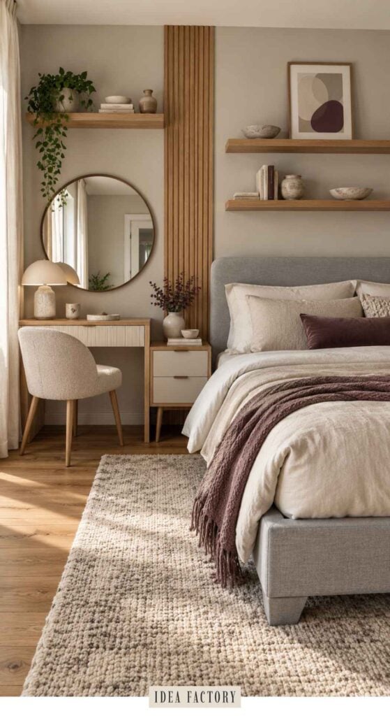 A bedroom featuring a bed with neutral linens, a bedside table, and a vanity area with a round mirror and a chair.
