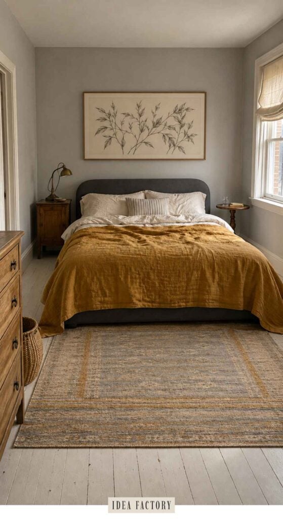 A bed with a dark gray headboard and mustard yellow coverlet centered in a bedroom with a framed botanical print above the headboard.