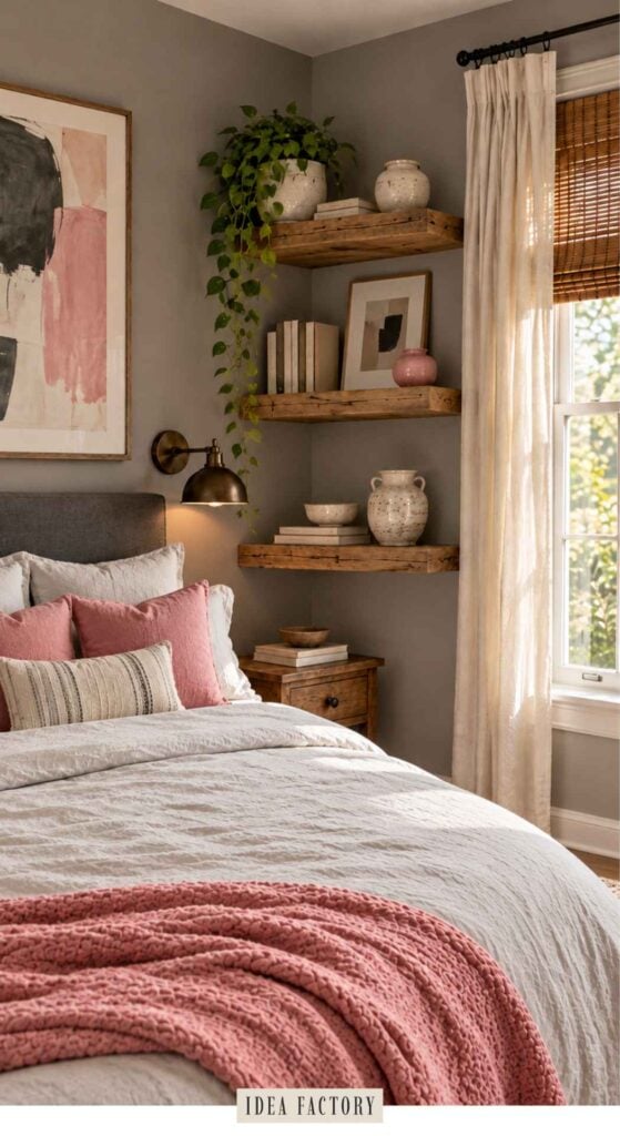 A grey bedroom with a pop of color featuring a bed with pink pillows and a blanket, next to wood corner shelves displaying decorative pottery, books, and a trailing plant.