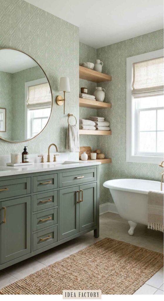 Bathroom with a sage green vanity, white clawfoot tub, and walls covered in patterned wallpaper, featuring wood floating shelves and a round mirror.