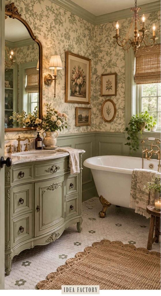 A traditional bathroom with a sage green vanity, a white clawfoot tub, floral wallpaper, and a gold-framed mirror.