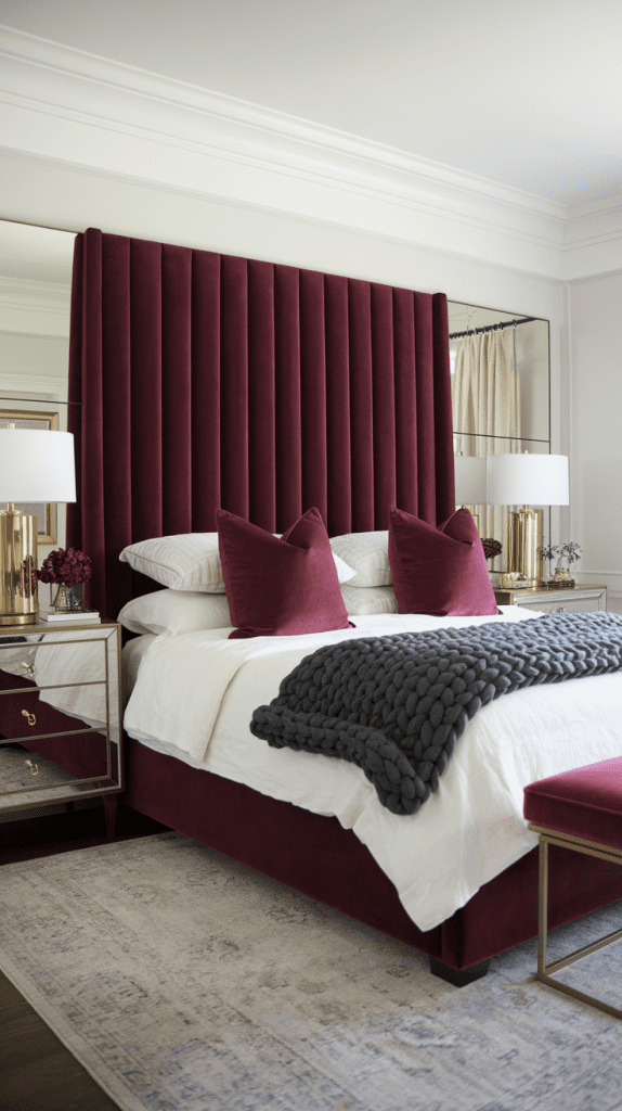 A bed with a tall, deep red, vertically tufted headboard, white bedding, two matching red accent pillows, and a thick, dark gray chunky knit throw blanket.