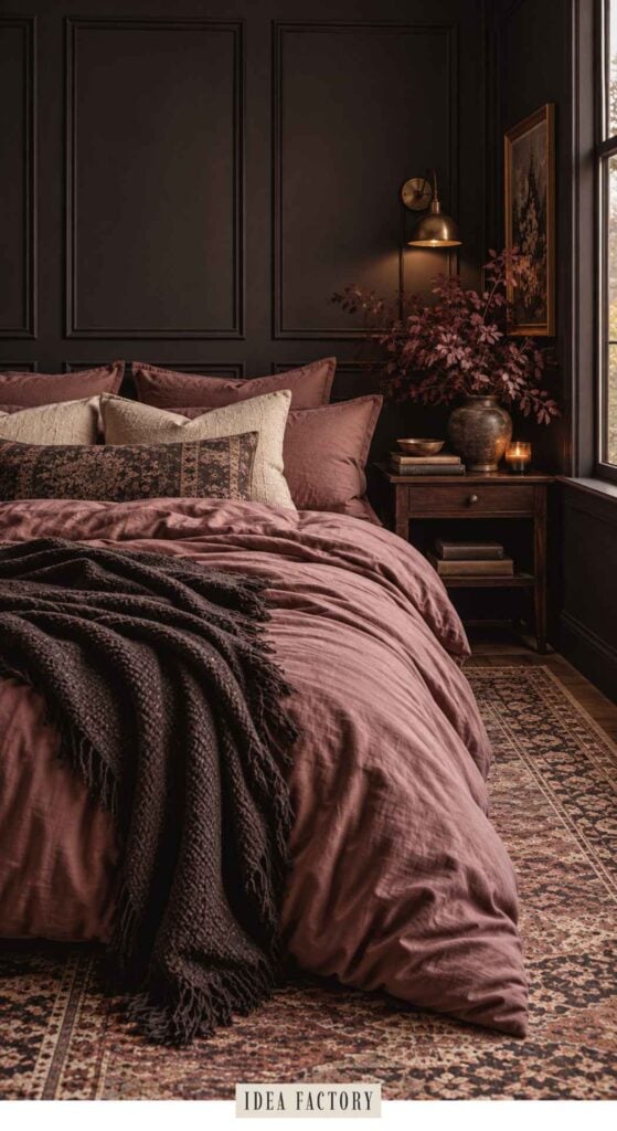 A bed with dusty rose bedding and a dark knit throw blanket in a moody, dark mauve bedroom.