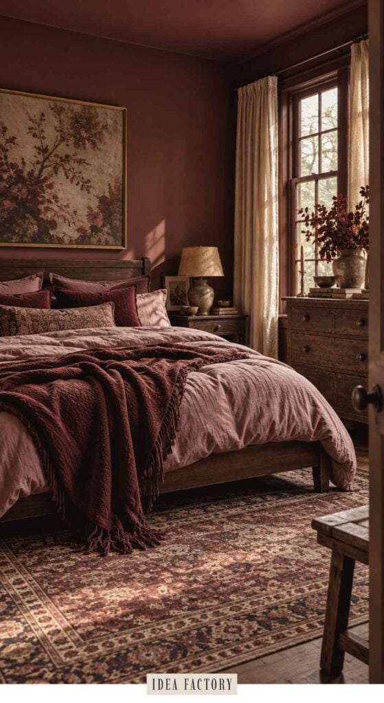 A bedroom featuring dark mauve bedroom ideas, with a wooden bed, mauve bedding, a dark red throw blanket, and a floral painting on the wall.