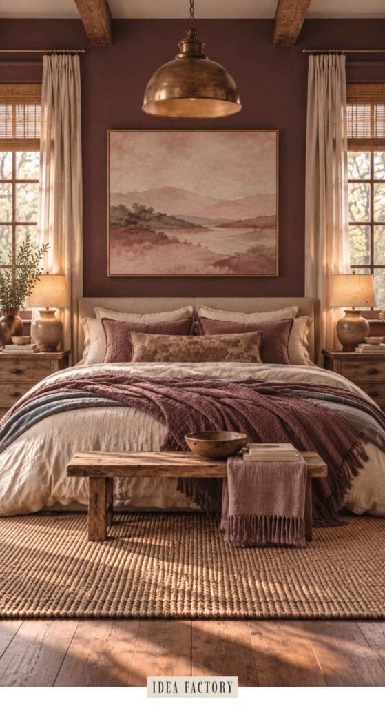 A made bed in a dark mauve bedroom with a landscape painting above the headboard, two bedside lamps, and a wooden bench at the foot of the bed.