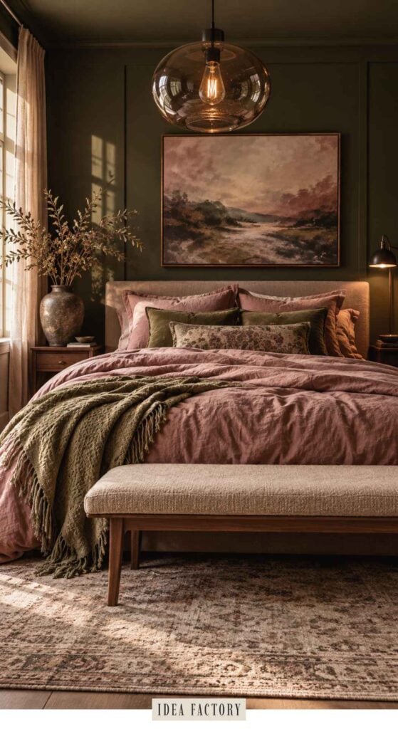 A bedroom featuring a bed with dusty rose bedding and green throw pillows, centered below a landscape painting on a dark green wall, perfect for dark mauve bedroom ideas.