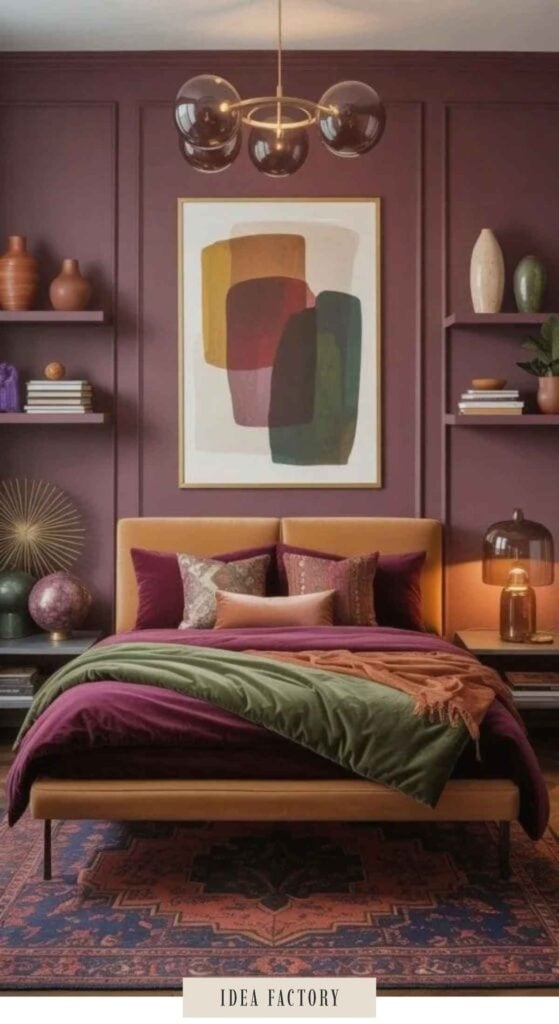 A bedroom with a mustard-colored headboard, purple bedding, a green throw blanket, and an abstract art print on a dark mauve wall.