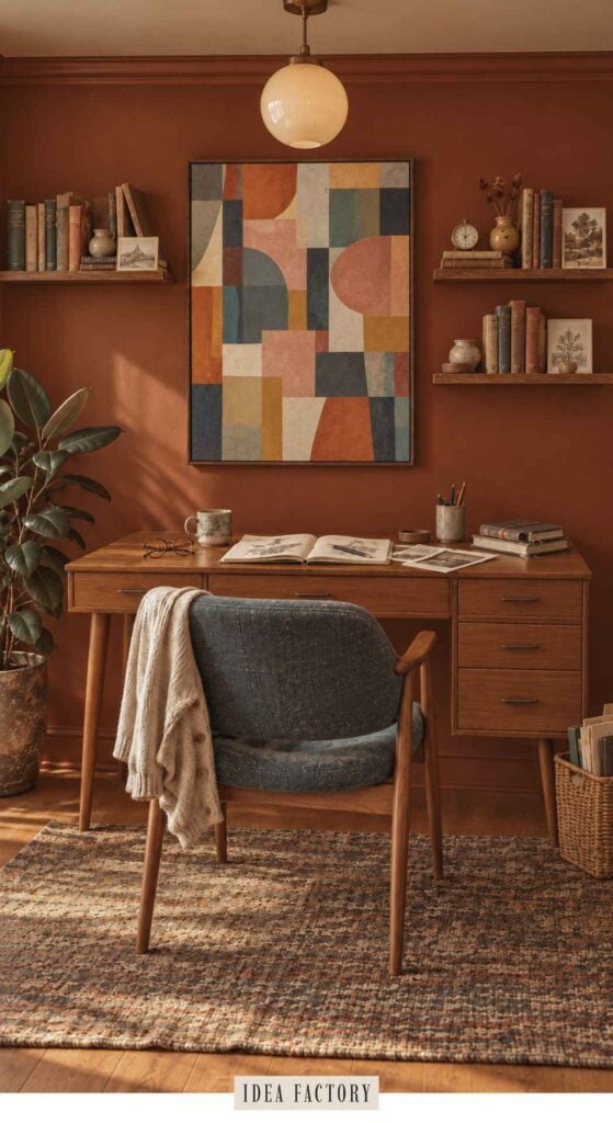 A home office workspace with a wooden desk, a blue upholstered chair, wall-mounted bookshelves, and an abstract geometric painting on a terracotta-colored wall.