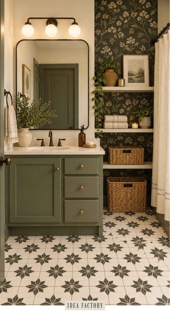 A bathroom vanity with a sage green cabinet, white countertop, and arched mirror, next to open shelving with baskets and decor against dark floral wallpaper.