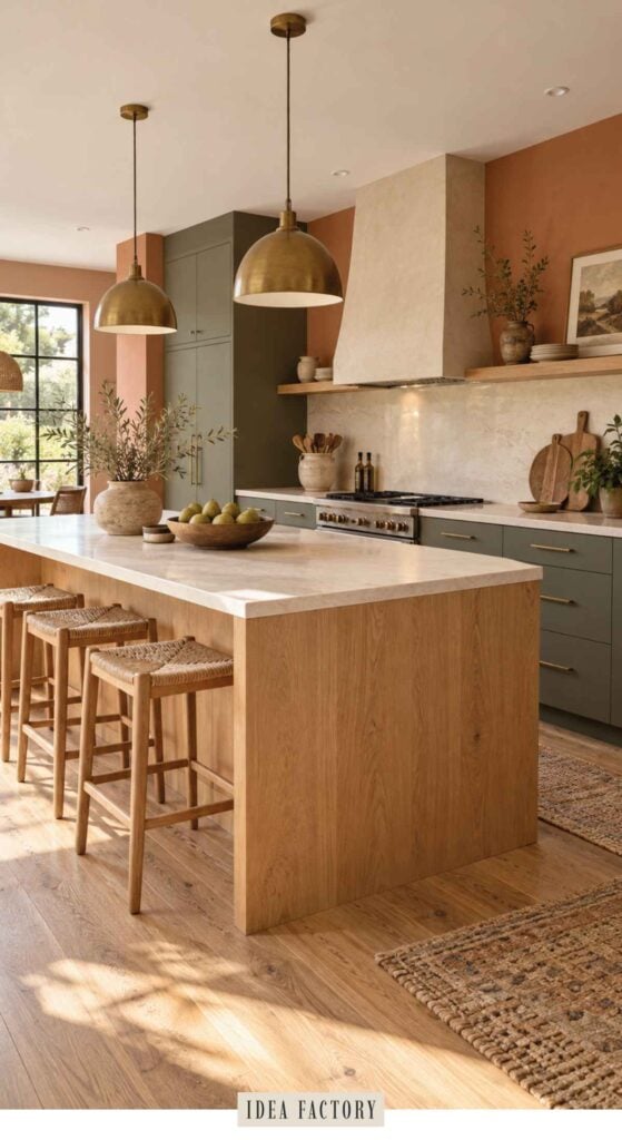 A modern kitchen featuring earthy kitchen ideas with a large wooden island, bar stools, green cabinetry, and two brass pendant lights hanging above.