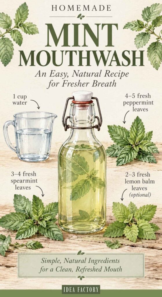 An infographic titled Homemade Mint Mouthwash illustrating ingredients including water, peppermint leaves, and spearmint leaves, with a central bottle of DIY mouthwash.