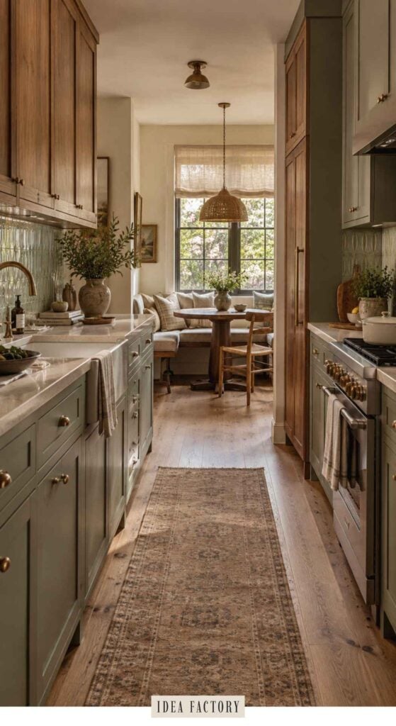 A narrow galley kitchen showcasing modern kitchen color trends with olive green cabinets and wooden upper cupboards leading to a cozy breakfast nook with a circular table and built-in bench seating.