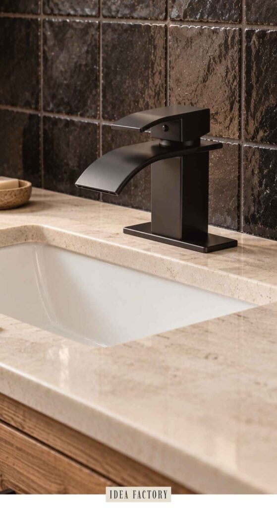 Matte black single-handle bathroom faucet on a stone countertop with a white undermount sink.