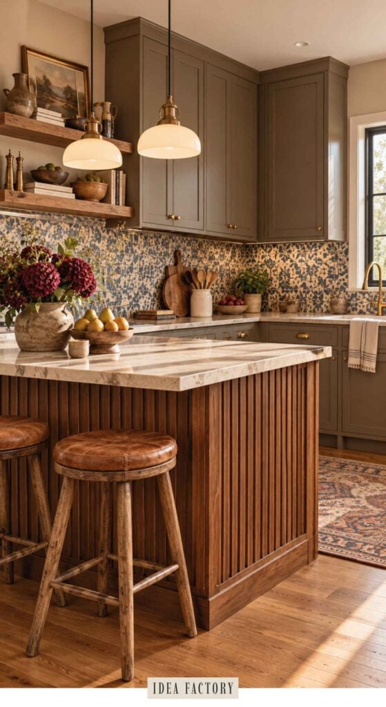 Kitchen island with a marble countertop and slatted wood base, paired with two round leather stools in an earthy kitchen with olive green cabinets and a patterned tile backsplash.