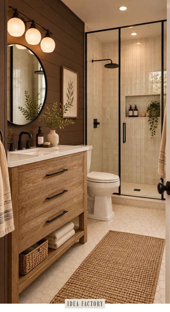 Bathroom with a wooden vanity, round mirror, and a walk-in shower with black trim and light-colored tile.