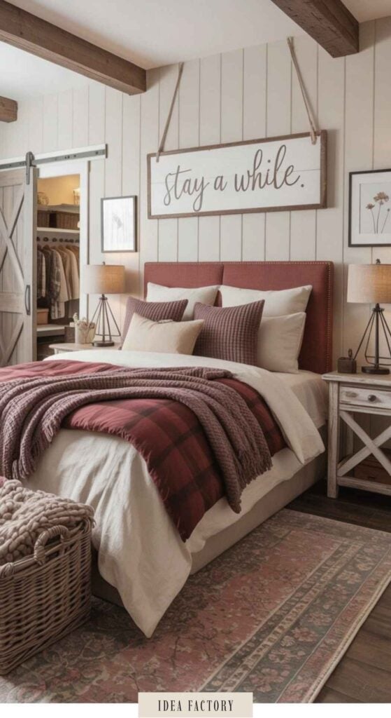 A bedroom featuring a bed with rust-colored pillows and a plaid throw blanket, centered under a wooden wall sign that reads stay a while.