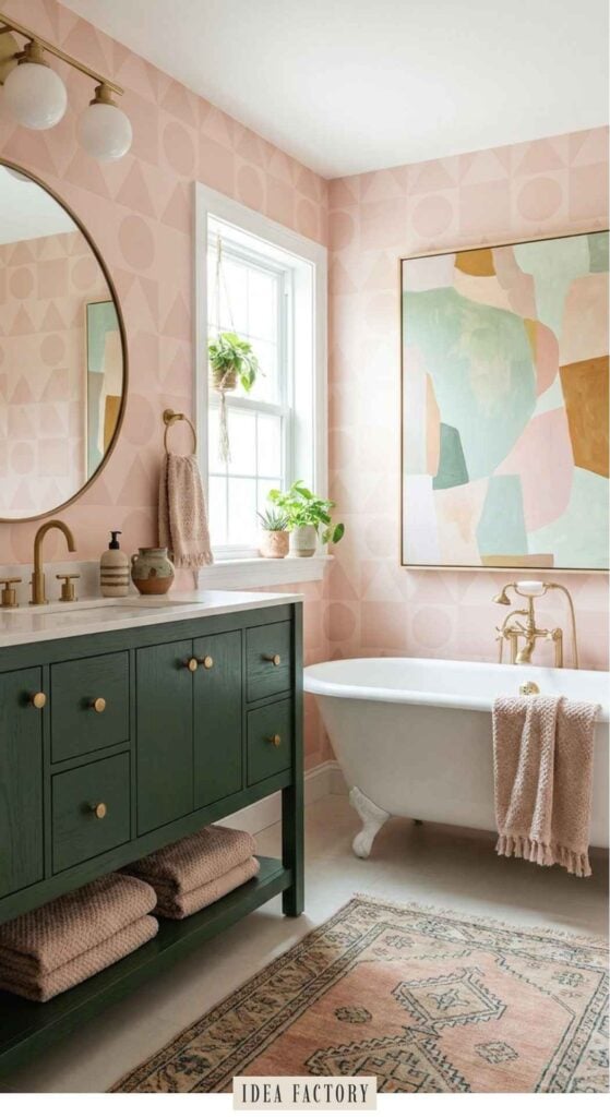 A pink and green bathroom with geometric wallpaper, a green vanity, a white clawfoot tub, and a large abstract painting on the wall.