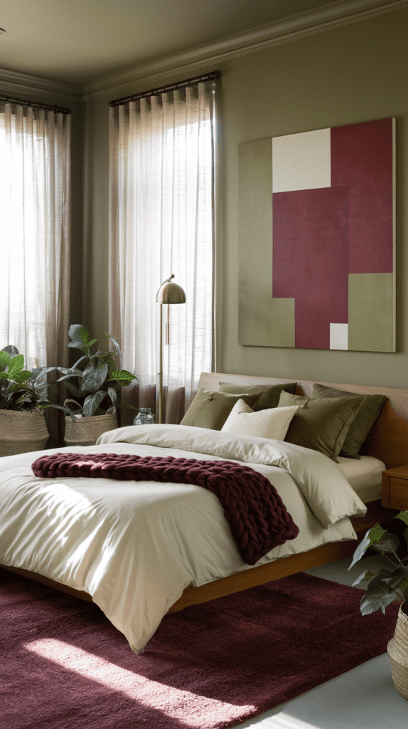 A modern bedroom featuring a bed with white bedding, a chunky maroon knit throw, and olive green pillows, centered beneath a large abstract painting with geometric red, white, and olive blocks.