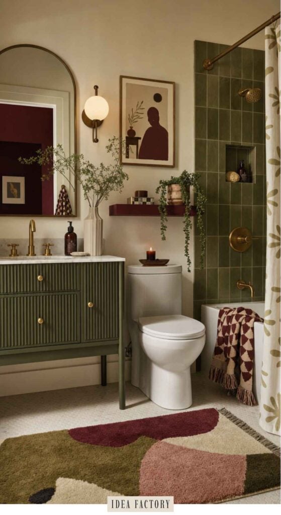 A bathroom featuring an olive green fluted vanity, a white toilet, and a bathtub with olive green subway tile, accented by a colorful rug and abstract wall art.