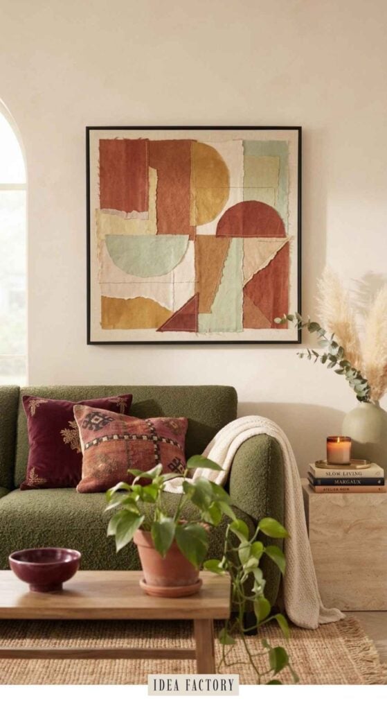 A green sofa decorated with pillows sits beneath a framed geometric fabric wall art piece composed of layered, earthy-toned shapes.