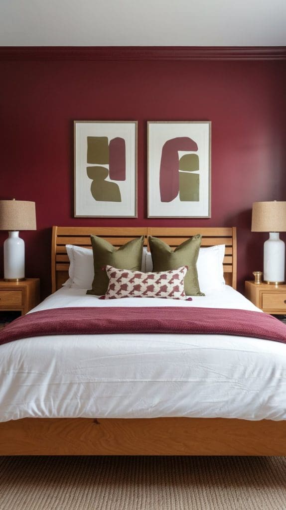 A bedroom with a wooden bed frame against a deep red wall, featuring two abstract art prints, lamps on bedside tables, and olive and patterned accent pillows on the bed.