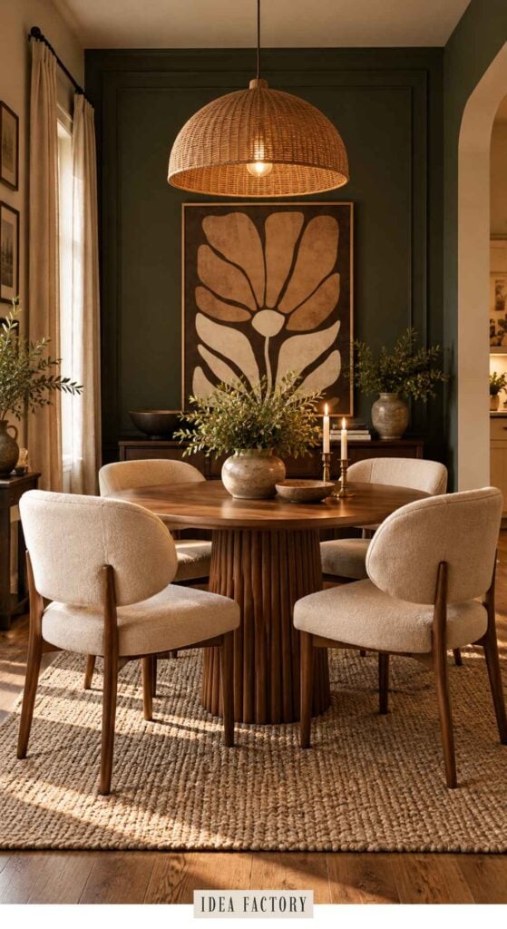 A round wooden dining table surrounded by four upholstered chairs, centered beneath a large woven dome pendant light in a dining room with dark green walls.