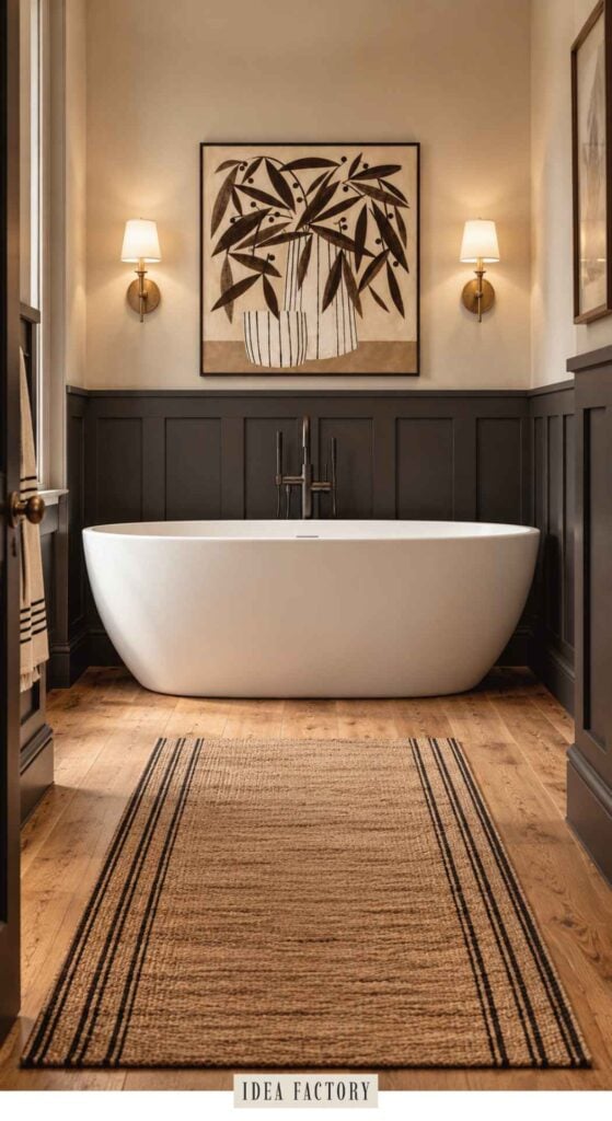 A freestanding white bathtub centered against a dark wood-paneled wall below framed botanical art and two wall sconces, with a striped runner rug on the wooden floor.