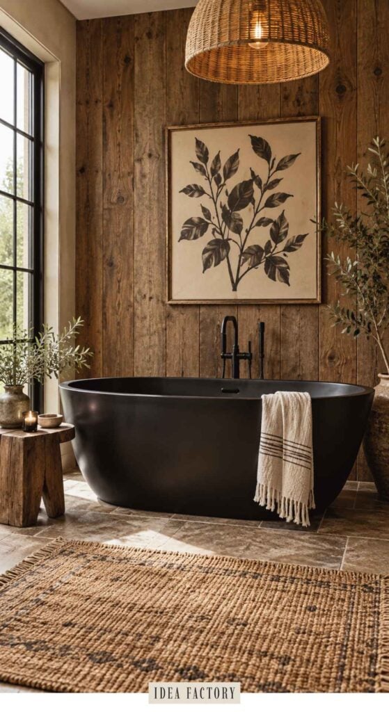 A matte black freestanding bathtub centered against a wood-paneled wall with a framed botanical print, featuring a draped towel and a woven rug on the floor.