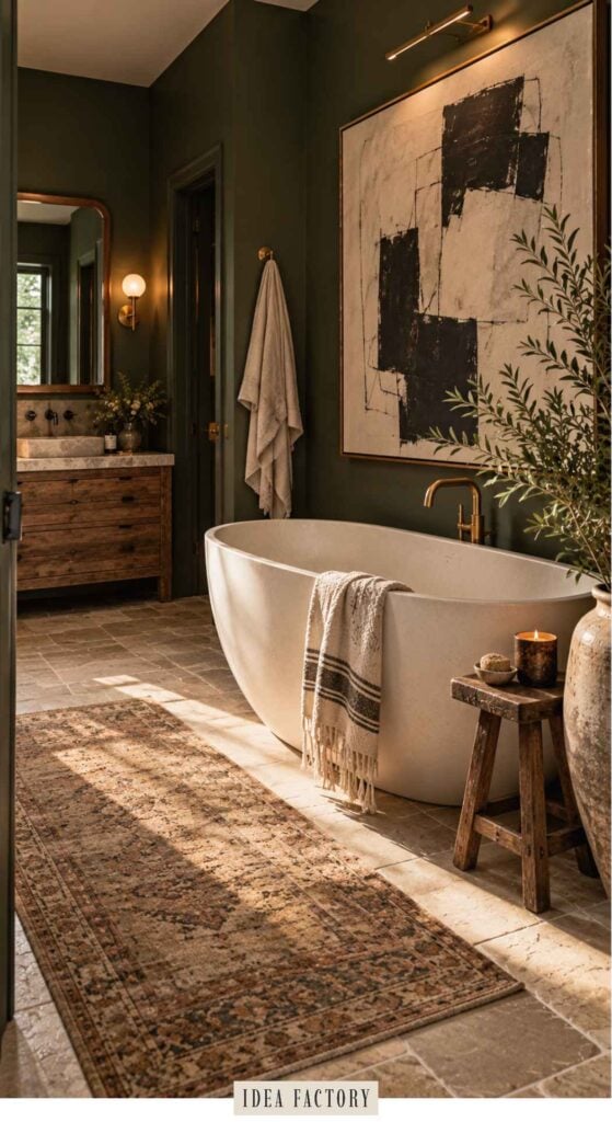 A freestanding oval bathtub in a dark green bathroom, featuring a wooden stool, a towel, and an abstract black and white painting on the wall.