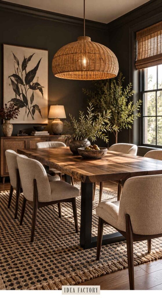 A wooden dining table with upholstered chairs in a room featuring a large woven pendant light, a botanical print on the wall, and a patterned area rug.