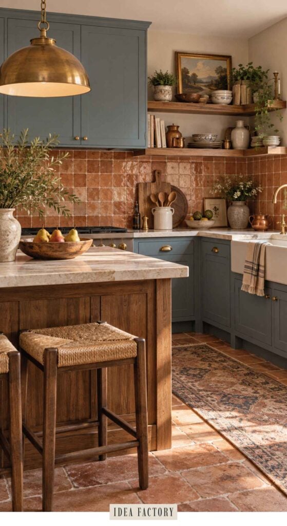 A kitchen with blue cabinets, a brown square tile backsplash, and a wooden island with woven stools, perfect for earthy kitchen ideas.