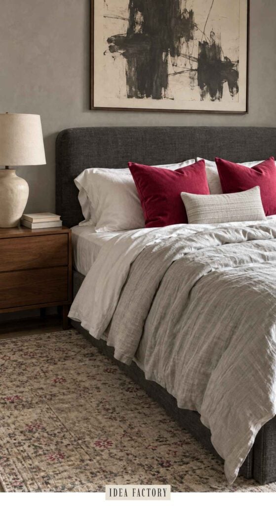 Bed with a dark grey headboard, white and grey bedding, and red accent pillows, next to a wooden nightstand with a lamp.