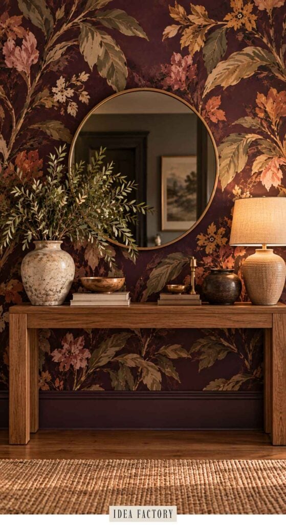 A wooden console table against a dark floral wallpaper, featuring a round mirror, a vase of greenery, a table lamp, and decorative bowls.