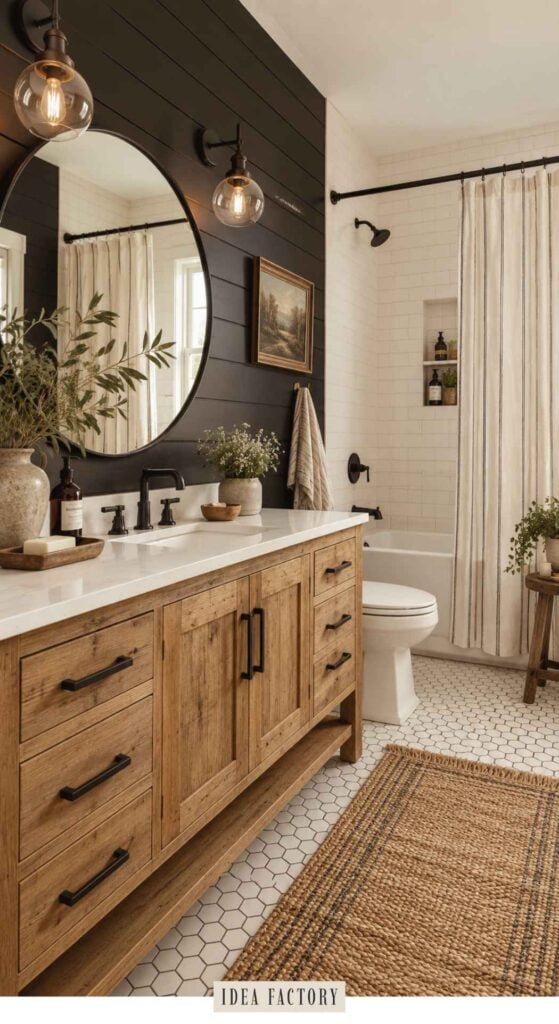 Bathroom with a wood vanity, white countertop, round mirror on a black shiplap wall, and a bathtub with a shower curtain.