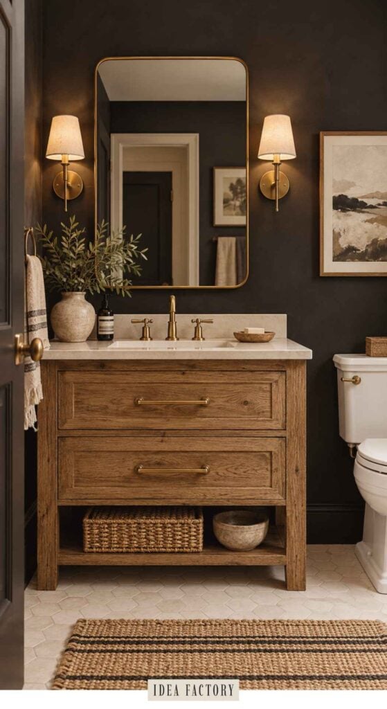 Bathroom vanity with a wood cabinet, marble countertop, brass hardware, and a mirror, flanked by wall sconces against dark walls.
