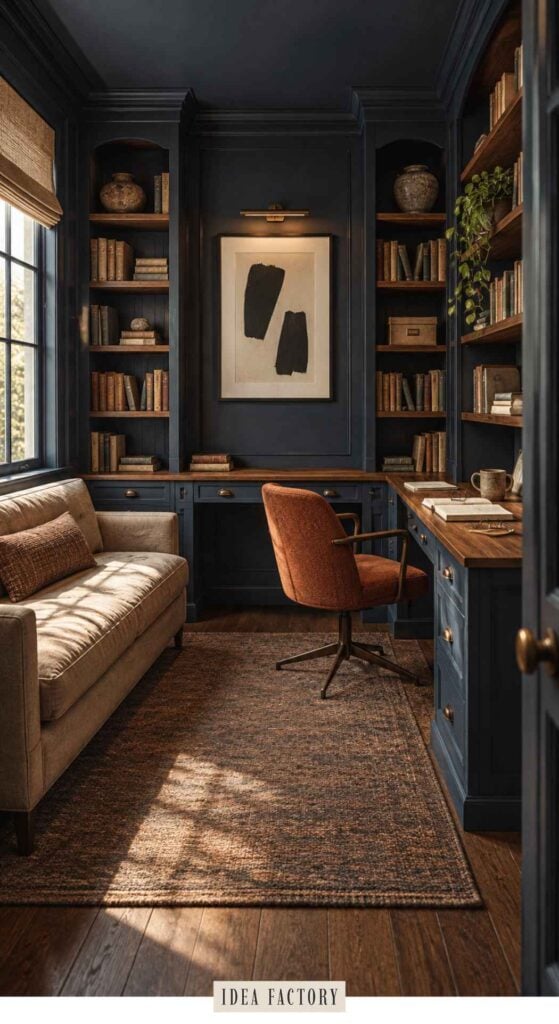 A dark home office with built-in bookshelves, a wooden desk with a brown office chair, and a neutral sofa.
