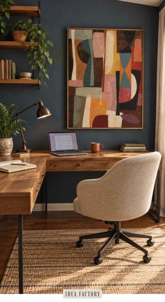 A home office featuring an L-shaped wooden desk with a laptop, a lamp, and a beige upholstered office chair, positioned against a dark wall with an abstract painting and open shelving.