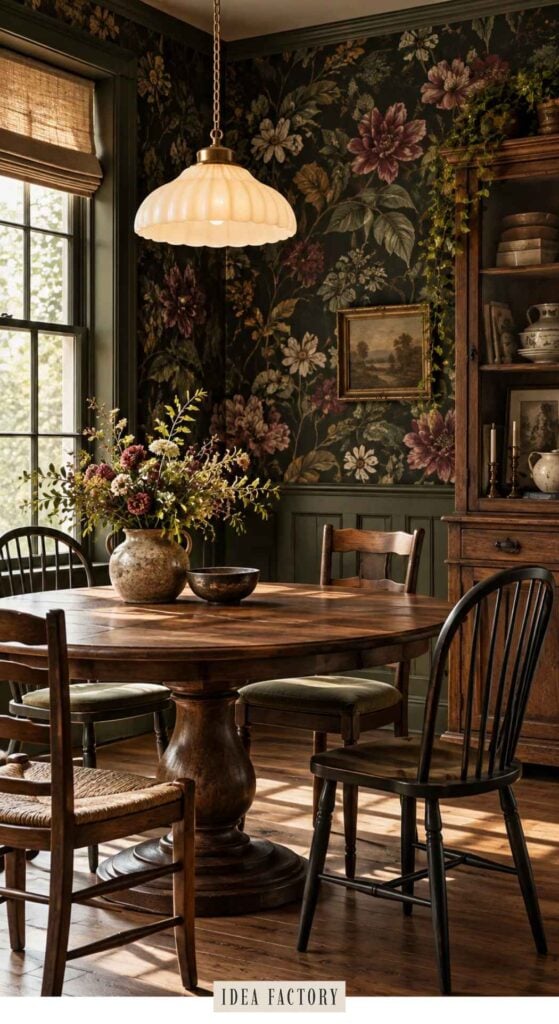 A round wooden dining table surrounded by chairs, with a flower-filled vase and a glass pendant light in a dining room featuring dark floral wallpaper.