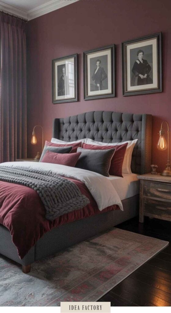 A bedroom with a dark grey tufted headboard, burgundy bedding, and three framed black-and-white portraits on a deep red wall.