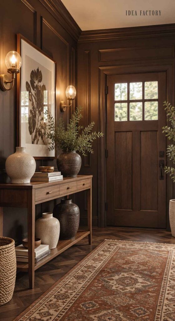 A wooden entryway featuring dark wall paneling, a console table with decorative vases and books, and a glass-paneled wooden front door over a patterned rug.