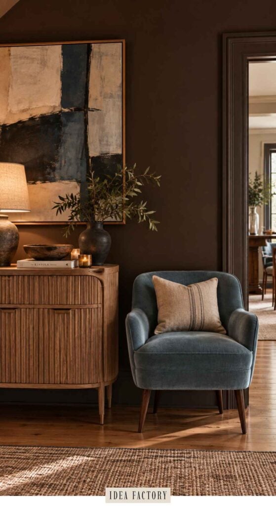A blue velvet armchair sits next to a fluted wooden cabinet topped with a lamp, a bowl, and a vase, beneath an abstract painting on a dark brown wall.