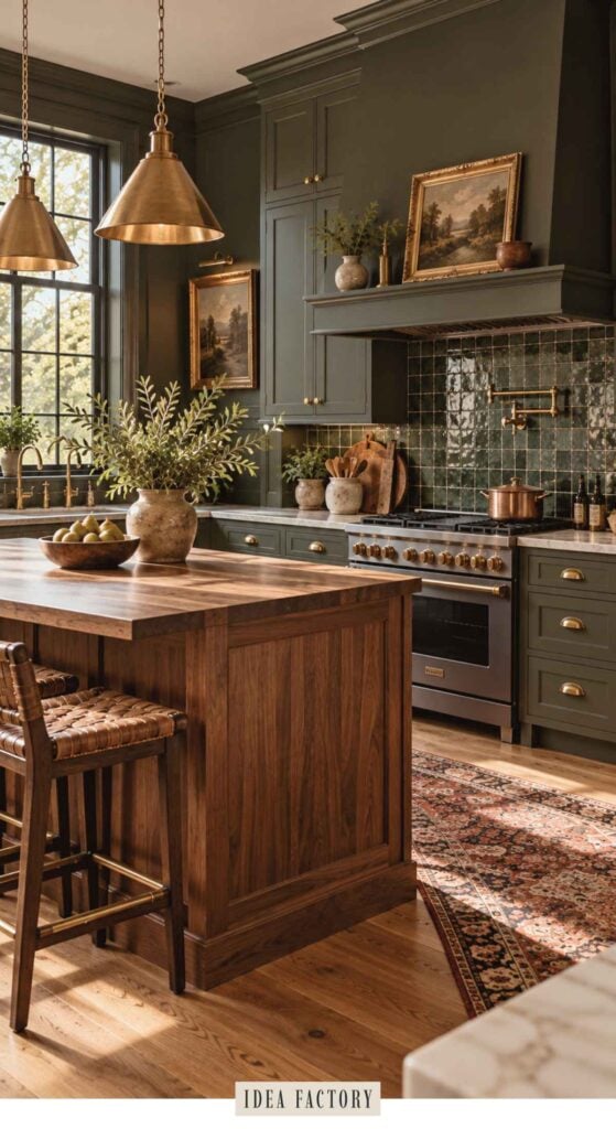 A kitchen with dark green cabinets, a wood-topped island, a brass-trimmed range, and a patterned rug on the floor, showcasing earthy kitchen ideas.