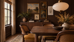 A wood dining table with caned chairs sits in a dark brown dining room featuring a gallery wall of framed art and a sideboard.