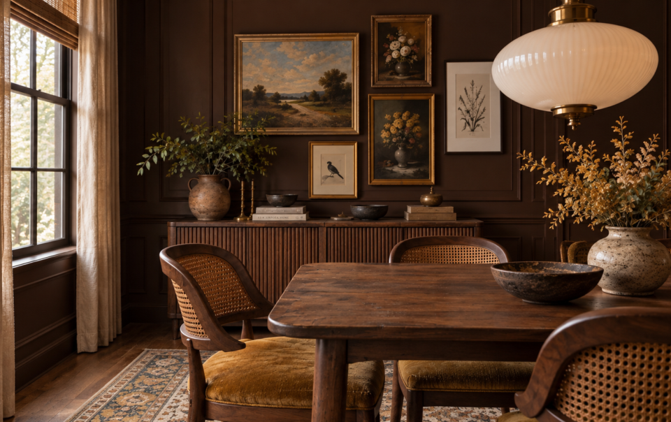 A wood dining table with caned chairs sits in a dark brown dining room featuring a gallery wall of framed art and a sideboard.