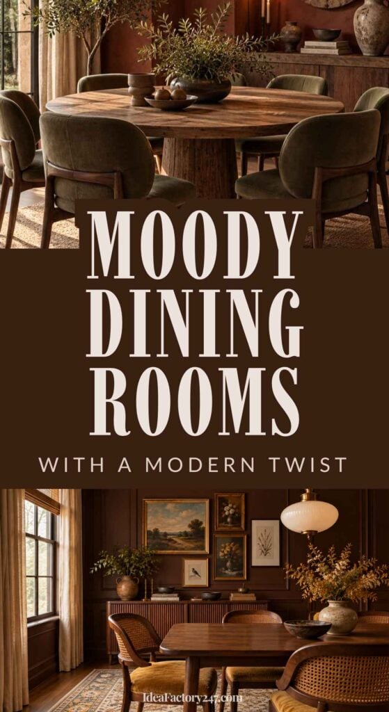 Collage showing two dark-toned dining rooms with wooden furniture and text that reads Moody Dining Rooms with a Modern Twist.