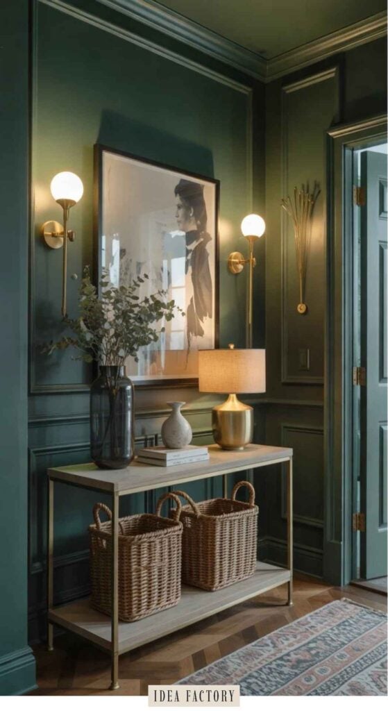 A console table with two wicker baskets sits against a dark green paneled wall featuring two wall sconces and a framed portrait, providing inspiration for dark entryway ideas.