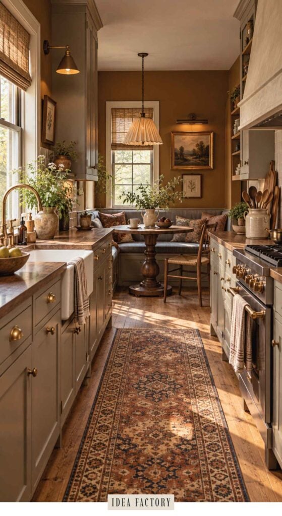 A narrow kitchen with olive green cabinets, a farmhouse sink, and a wooden dining nook with a round table and bench seating, perfect for earthy kitchen ideas.