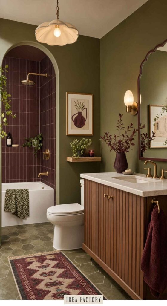 Bathroom with olive green walls, a fluted wood vanity, a white bathtub in an arched, plum-tiled alcove, and a patterned rug on the floor.
