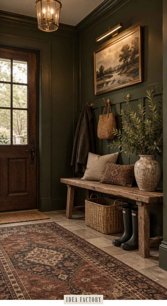 A rustic wooden entryway bench sits against a dark green paneled wall, topped with pillows and a vase of greenery, with a rug on the floor and a landscape painting hanging above.