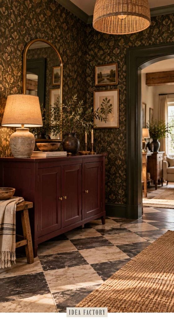 A dark red sideboard sits against wallpapered walls in an entryway with a checkered floor, topped with a lamp, a bowl, and an arched mirror.